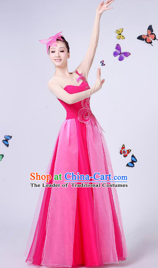 Traditional Chinese Modern Dance Opening Dance Clothing Chorus Folk Umbrella Dance Rosy Dress for Women