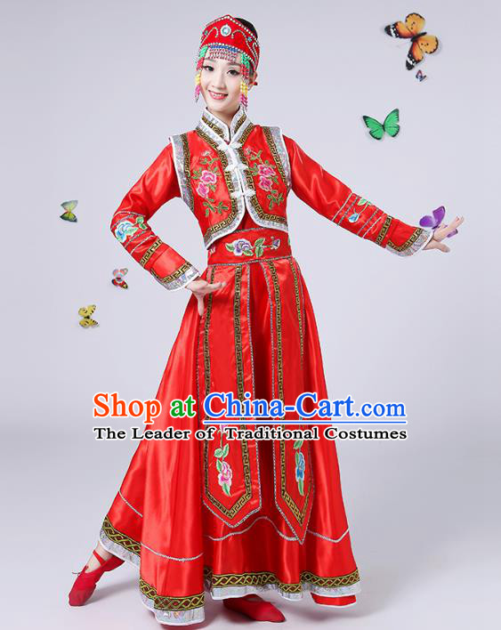 Traditional Chinese Mongol Nationality Dance Costume, China Folk Dance Mongolian Minority Embroidery Red Dress for Women