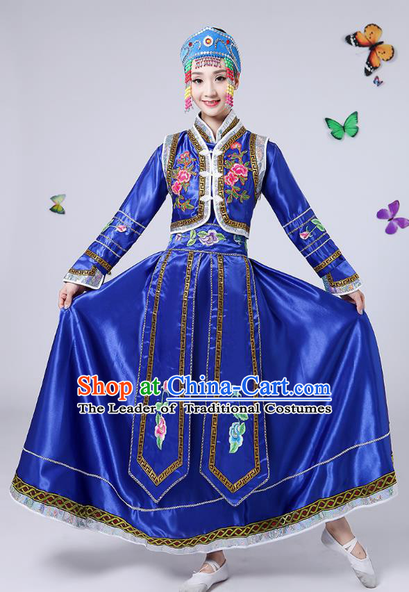 Traditional Chinese Mongol Nationality Dance Costume, China Folk Dance Mongolian Minority Embroidery Blue Dress for Women