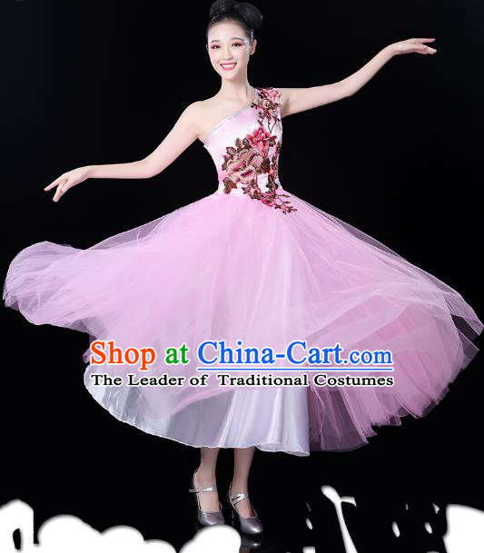 Traditional Chinese Modern Dance Opening Dance Clothing Chorus Pink Bubble Dress for Women
