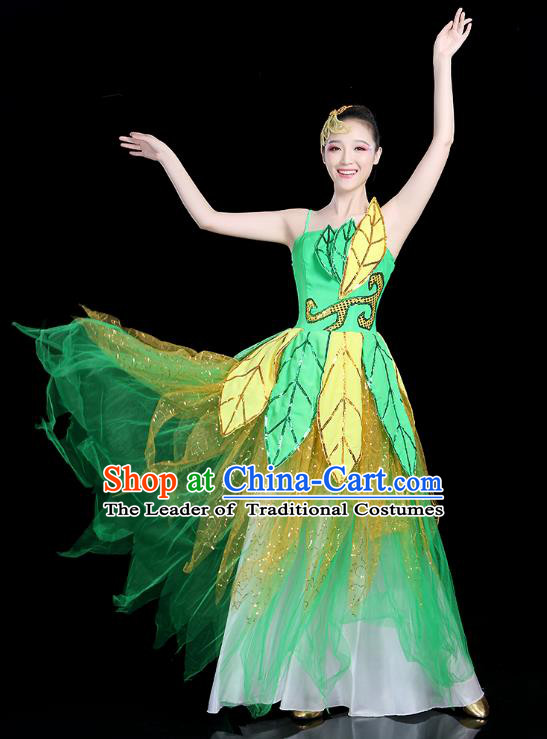 Traditional Chinese Modern Dance Opening Dance Clothing Chorus Green Bubble Dress for Women