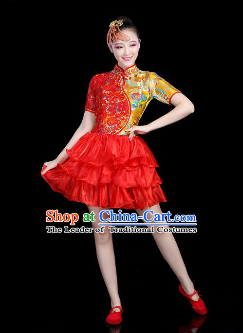 Traditional Chinese Modern Dance Opening Dance Clothing Chorus Competition Red Bubble Dress for Women