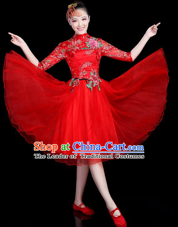 Traditional Chinese Modern Dance Opening Dance Clothing Chorus Competition Red Veil Bubble Dress for Women