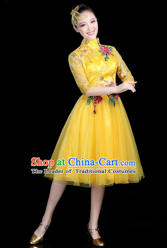 Traditional Chinese Modern Dance Opening Dance Clothing Chorus Competition Yellow Veil Bubble Dress for Women