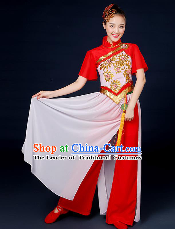Traditional Chinese Yangge Fan Dance Red Uniform, China Classical Folk Dance Yangko Drum Dance Clothing for Women
