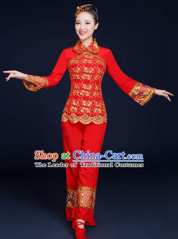 Traditional Chinese Folk Yangge Fan Classical Dance Red Uniform, China Yangko Drum Dance Clothing for Women