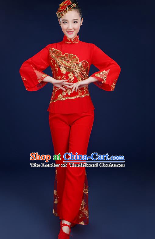 Traditional Chinese Folk Fan Dance Classical Dance Red Uniform, China Yangko Drum Dance Clothing for Women