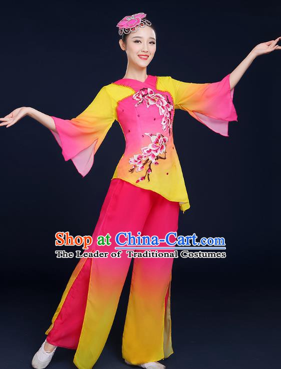 Traditional Chinese Folk Fan Dance Classical Dance Pink Uniform, China Yangko Drum Dance Clothing for Women