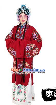 Chinese Beijing Opera Young Lady Embroidered Peony Costume, China Peking Opera Actress Embroidery Purplish Red Clothing