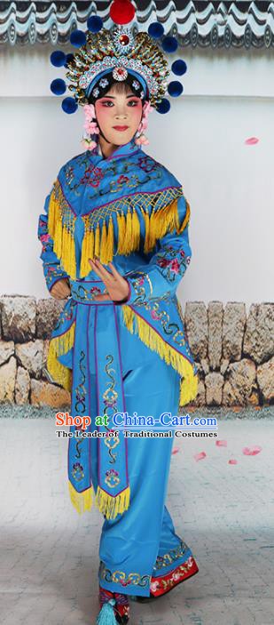 Chinese Beijing Opera Actress Warriors Embroidered Blue Costume, China Peking Opera Blues Embroidery Clothing