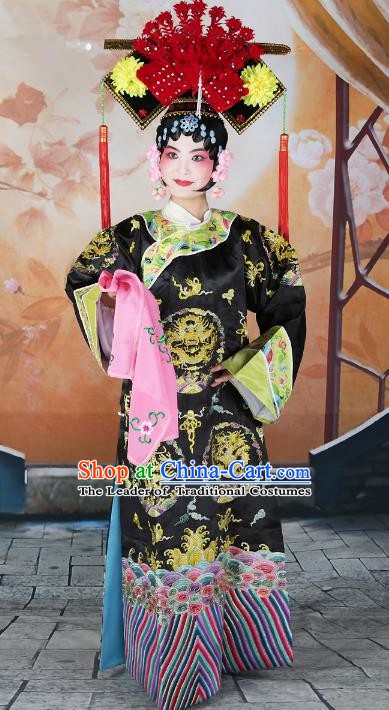 Chinese Beijing Opera Actress Black Embroidered Costume, China Peking Opera Qing Dynasty Manchu Princess Embroidery Clothing