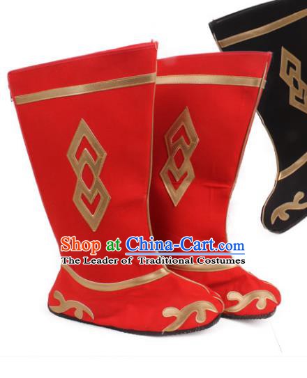 Asian Chinese Beijing Opera Takefu Red Embroidered Shoes, Traditional China Peking Opera Young Men Hanfu Boots