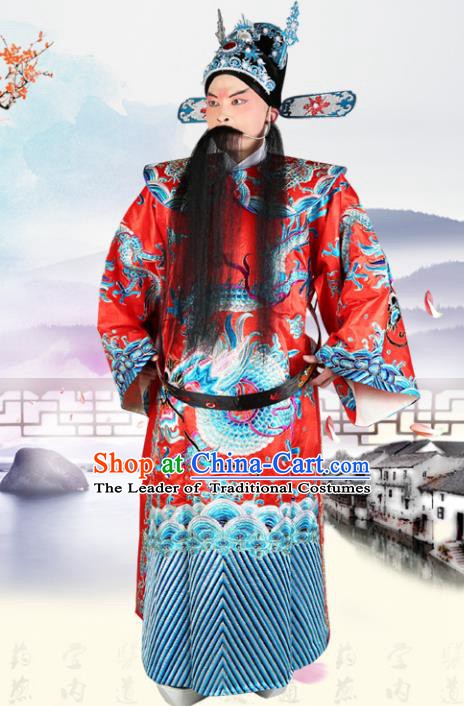 Chinese Beijing Opera Royal Highness Costume Red Embroidered Robe, China Peking Opera Prime Minister Embroidery Gwanbok Clothing
