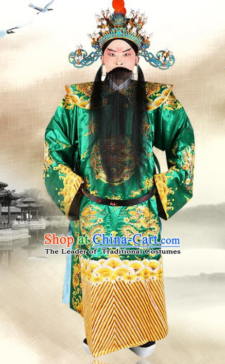 Chinese Beijing Opera Royal Highness Costume Green Embroidered Robe, China Peking Opera Prime Minister Embroidery Gwanbok Clothing