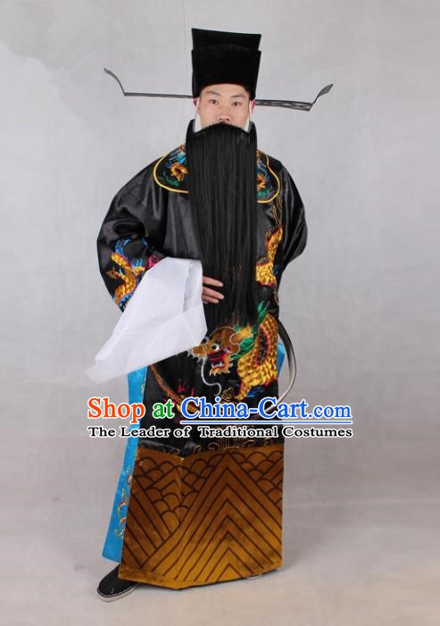 Chinese Beijing Opera Bao Zheng Costume Embroidered Robe, China Peking Opera Prime Minister Embroidery Black Gwanbok Clothing