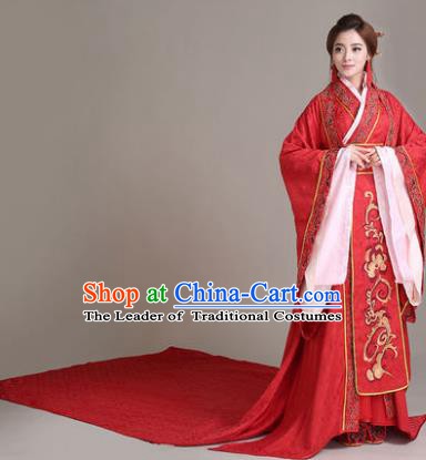 Traditional Chinese Han Dynasty Imperial Empress Wedding Costume, China Ancient Bride Hanfu Tailing Embroidered Clothing for Women