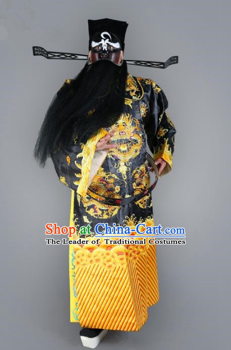 Chinese Beijing Opera Royal Highness Costume Dragons Embroidered Robe, China Peking Opera Prime Minister Black Gwanbok Clothing
