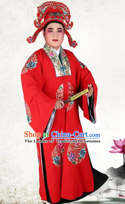 Chinese Beijing Opera Young Men Costume Red Embroidered Robe and Hats, China Peking Opera Scholar Clothing