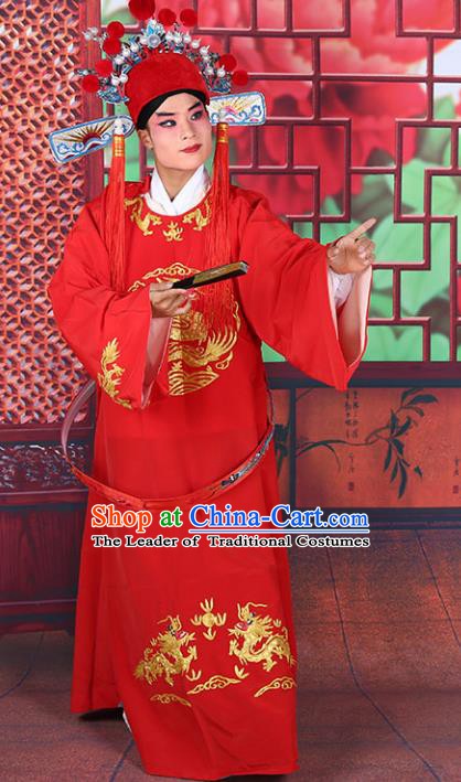 Chinese Beijing Opera Lang Scholar Costume Red Embroidered Robe, China Peking Opera Niche Clothing