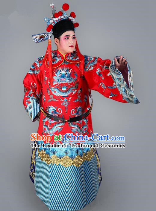 Chinese Beijing Opera Bao Zheng Costume Red Embroidered Robe, China Peking Opera Prime Minister Embroidery Dragon Gwanbok Clothing