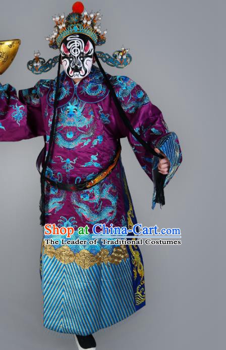 Chinese Beijing Opera Prime Minister Costume Purple Embroidered Robe, China Peking Opera Embroidery Dragon Gwanbok Clothing