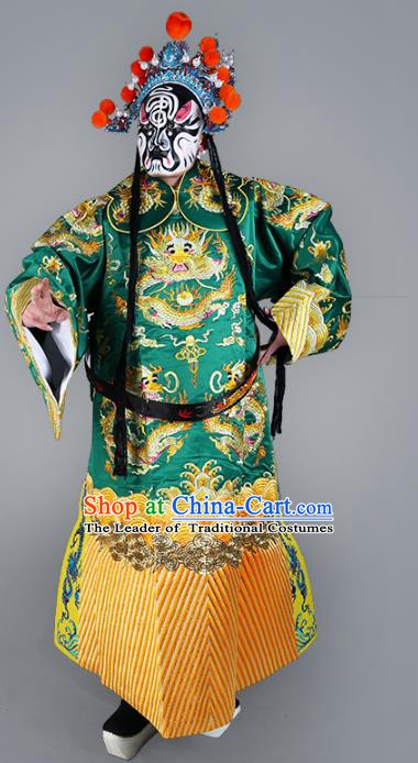 Chinese Beijing Opera Prime Minister Costume Green Embroidered Robe, China Peking Opera Embroidery Dragon Gwanbok Clothing