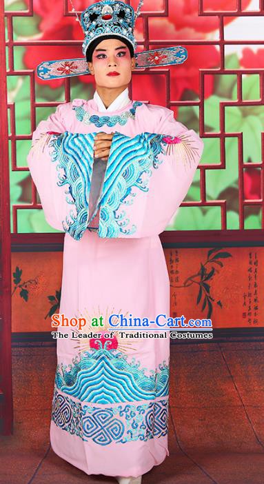 Chinese Beijing Opera Royal Highness Costume Pink Embroidered Robe, China Peking Opera Scholar Embroidery Gwanbok Clothing