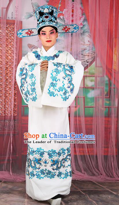 Chinese Beijing Opera Royal Highness Costume White Embroidered Robe, China Peking Opera Scholar Embroidery Gwanbok Clothing