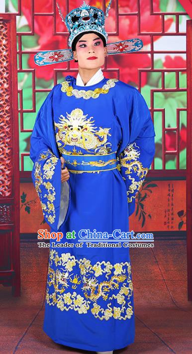 Chinese Beijing Opera Royal Highness Costume Deep Blue Embroidered Robe, China Peking Opera Scholar Embroidery Gwanbok Clothing