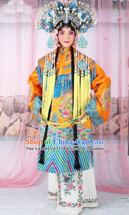 Chinese Beijing Opera Actress Imperial Empress Costume Yellow Embroidered Robe, China Peking Opera Diva Queen Clothing