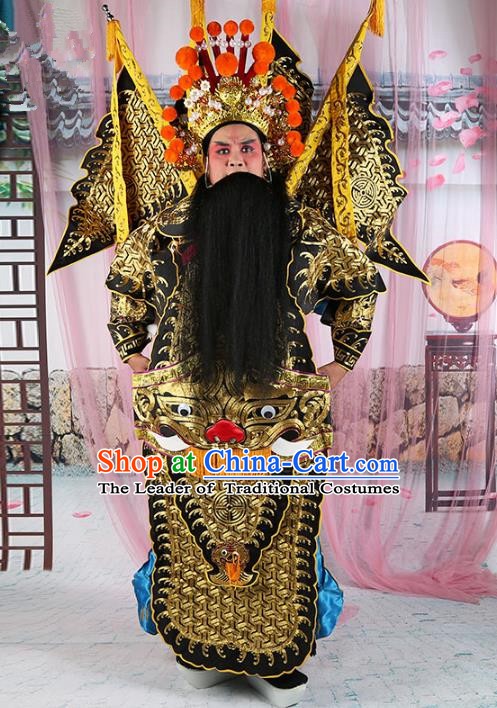 Chinese Beijing Opera General Costume Black Embroidered Robe, China Peking Opera Military Officer Embroidery Gwanbok Clothing