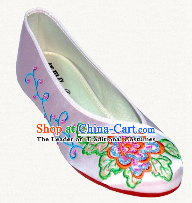 Traditional Chinese National Bride Lilac Embroidered Shoes, China Handmade Embroidery Flowers Hanfu Shoes for Women