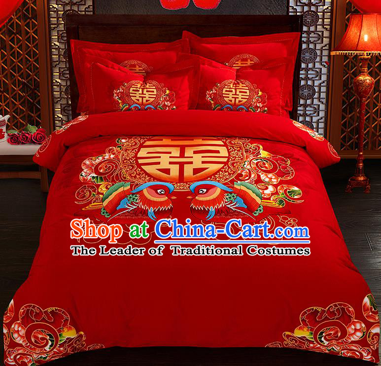 Traditional Chinese Style Wedding Bedding Set, China National Printing Mandarin Duck Red Textile Bedding Sheet Quilt Cover Complete Set