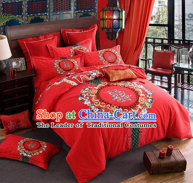Traditional Chinese Style Wedding Bedding Article Embroidery Dragon and Phoenix Sheet and Duvet Cover Red Textile Bedding Suit