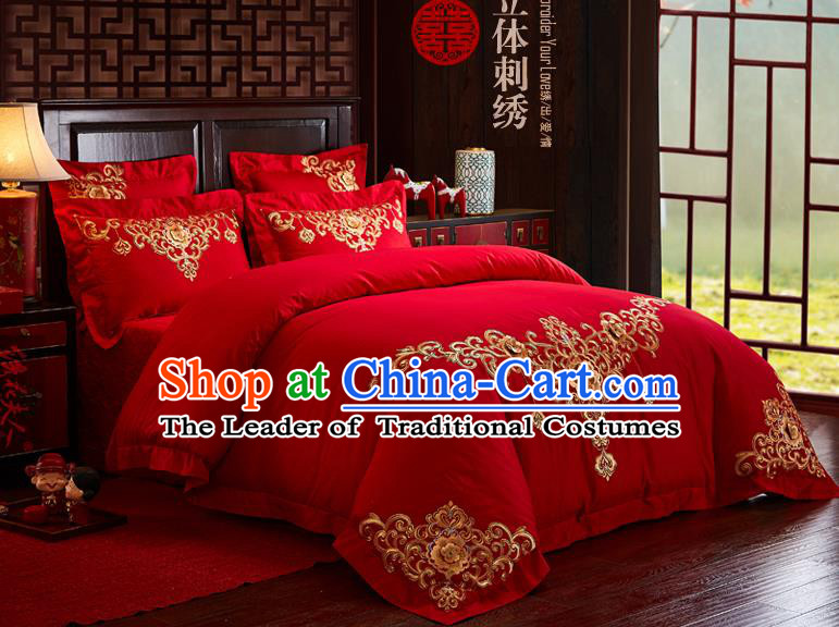 Traditional Chinese Style Wedding Bedding Article Embroidery Dragon and Phoenix Sheet and Duvet Cover Red Textile Bedding Suit