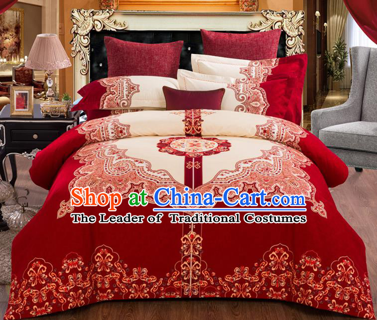 Traditional Chinese Style Wedding Bedding Set, China National Marriage Embroidery Wine Red Textile Bedding Sheet Quilt Cover Seven-piece suit