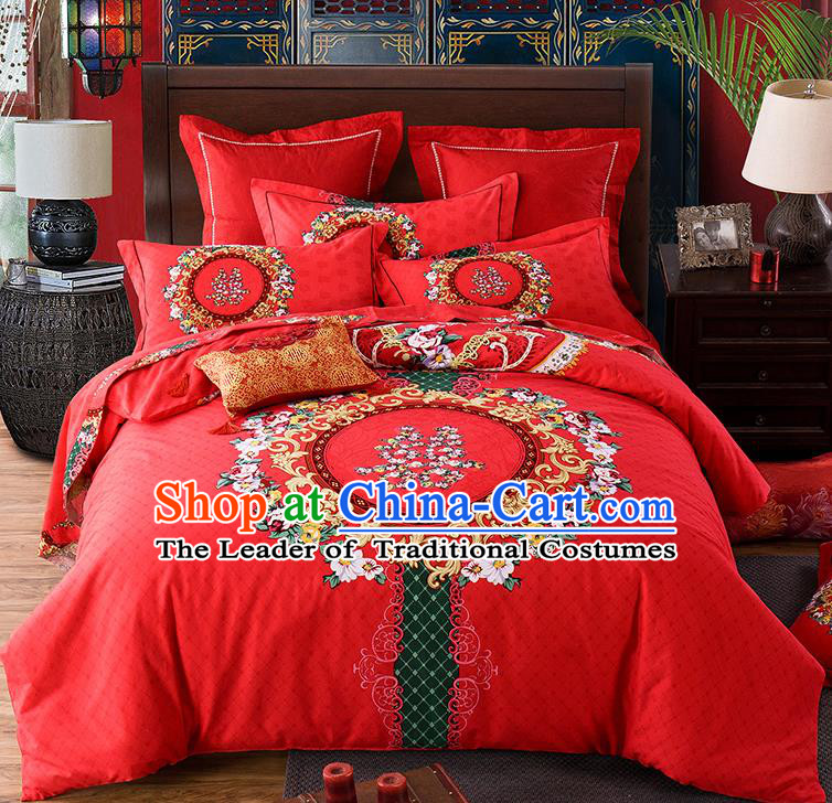Traditional Chinese Style Wedding Bedding Set, China National Marriage Printing Flowers Red Textile Bedding Sheet Quilt Cover Seven-piece suit