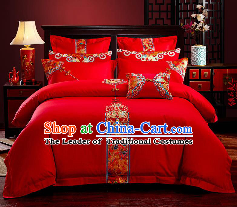 Traditional Chinese Style Wedding Bedding Set, China National Marriage Embroidery Red Textile Bedding Sheet Quilt Cover Six-piece suit