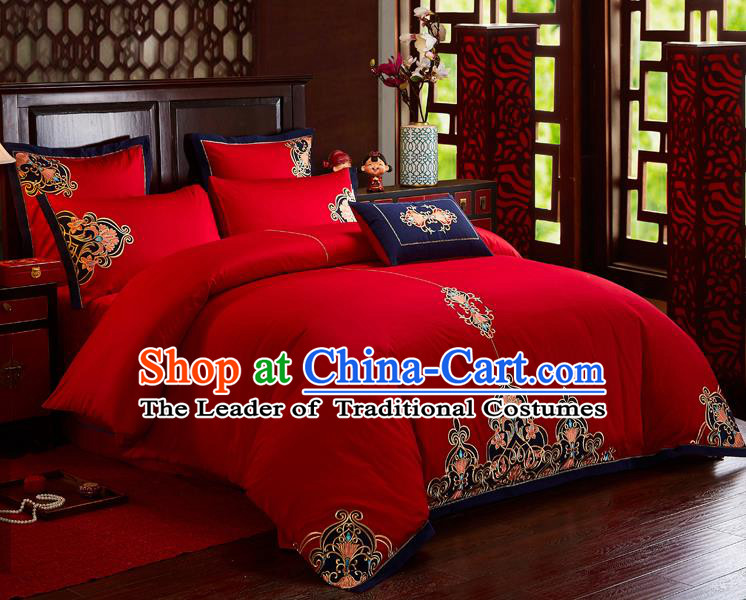 Traditional Chinese Style Wedding Bedding Article Embroidery Dragon and Phoenix Sheet and Duvet Cover Red Textile Bedding Suit