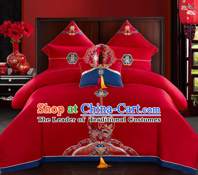 Traditional Chinese Style Wedding Bedding Set, China National Marriage Printing Peking Opera Red Textile Bedding Sheet Quilt Cover Four-piece suit