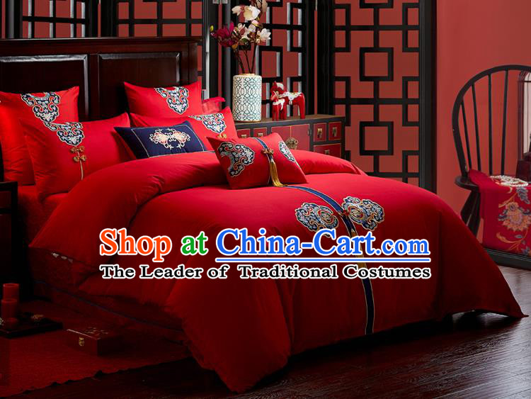 Traditional Chinese Style Wedding Bedding Article Embroidery Dragon and Phoenix Sheet and Duvet Cover Red Textile Bedding Suit
