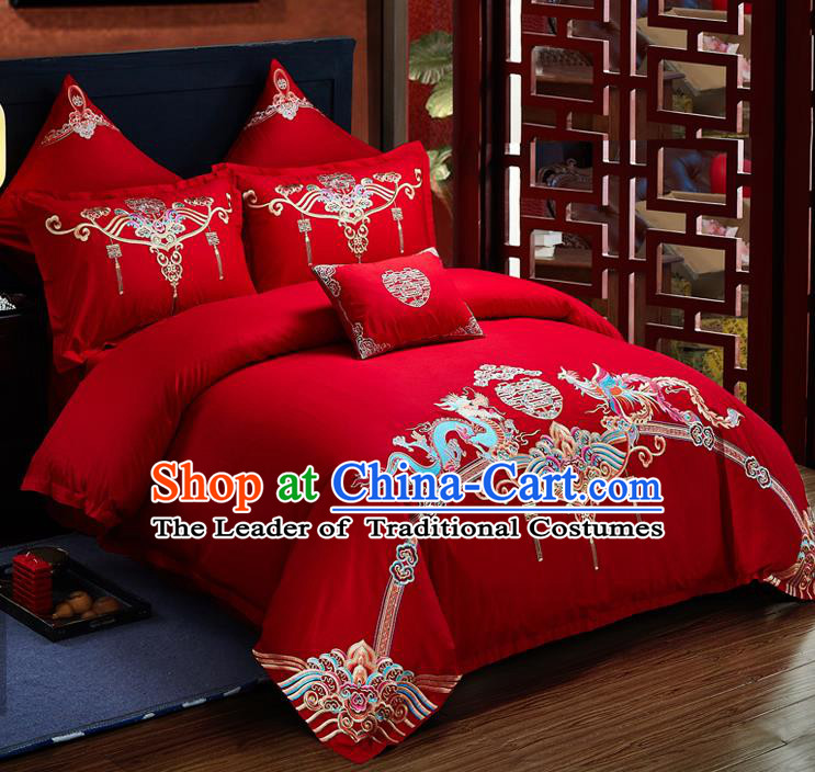 Traditional Chinese Style Wedding Bedding Article Embroidery Dragon and Phoenix Sheet and Duvet Cover Red Textile Bedding Suit