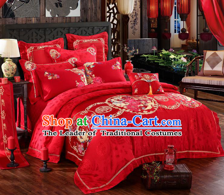 Traditional Chinese Style Wedding Bedding Article Embroidery Dragon and Phoenix Sheet and Duvet Cover Red Textile Bedding Suit