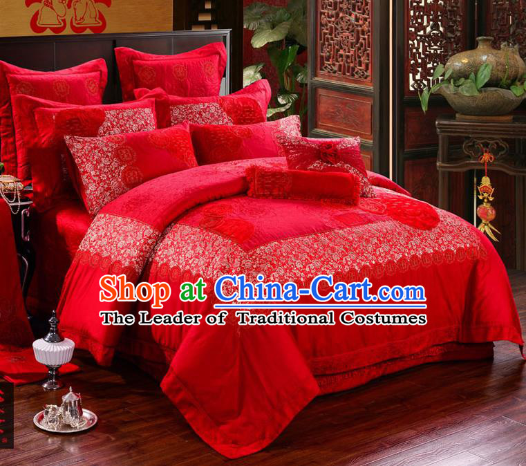 Traditional Chinese Style Wedding Bedding Article Embroidery Dragon and Phoenix Sheet and Duvet Cover Red Textile Bedding Suit