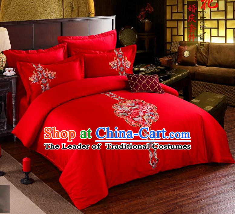 Traditional Chinese Style Wedding Bedding Article Embroidery Dragon and Phoenix Sheet and Duvet Cover Red Textile Bedding Suit