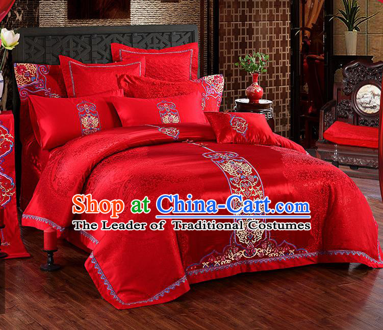 Traditional Chinese Style Wedding Bedding Article Embroidery Dragon and Phoenix Sheet and Duvet Cover Red Textile Bedding Suit