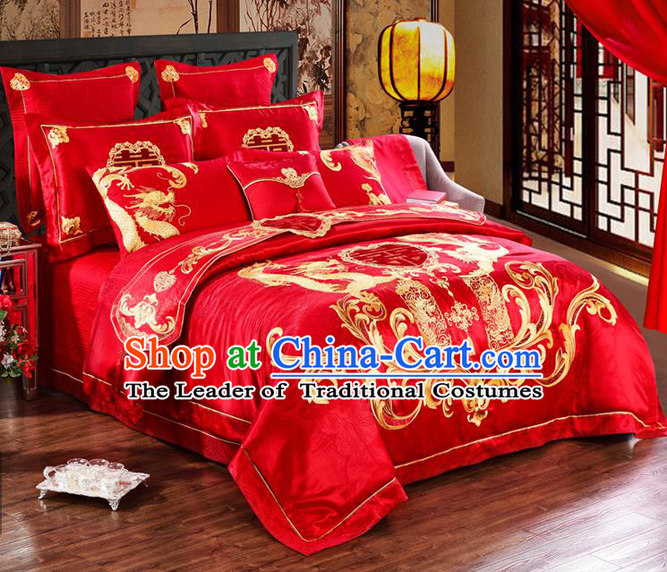 Traditional Chinese Style Wedding Bedding Article Embroidery Dragon and Phoenix Sheet and Duvet Cover Red Textile Bedding Suit