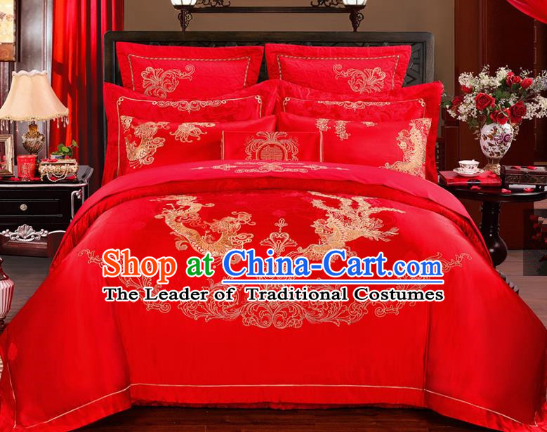 Traditional Chinese Style Marriage Bedding Set Embroidered Dragon and Phoenix Wedding Red Satin Textile Bedding Sheet Quilt Cover Ten-piece Suit