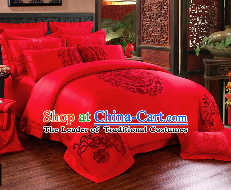 Traditional Chinese Style Wedding Bedding Article Embroidery Dragon and Phoenix Sheet and Duvet Cover Red Textile Bedding Suit