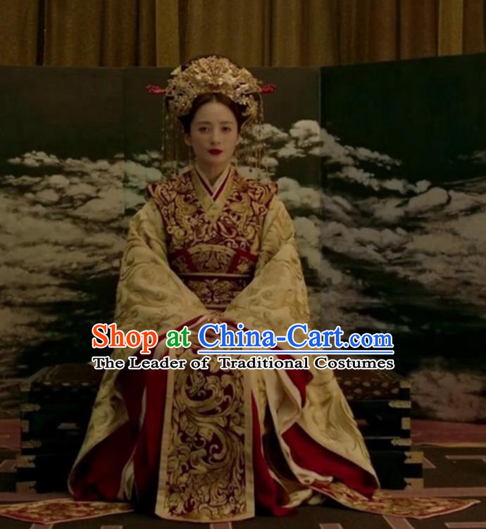 Traditional Chinese Tang Dynasty Imperial Empress Embroidered Trailing Costume and Headpiece Complete Set for Women